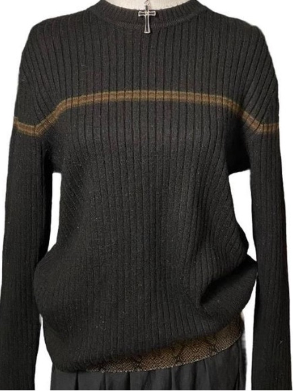 Black Ribbed Crewneck Sweater with Brown Accent Stripe